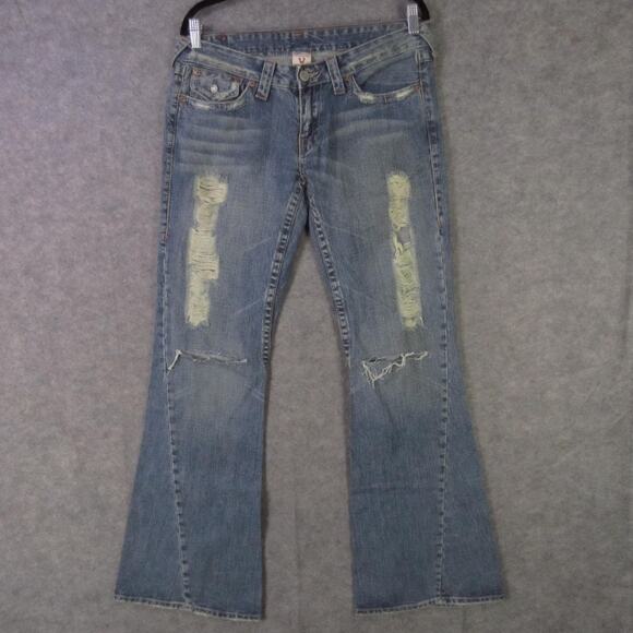 True Religion Jeans Mens 31 Blue Joey Distressed Flare Bootcut Made in USA - Picture 1 of 12